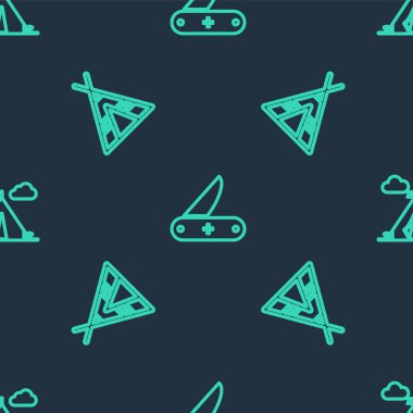 Sıralı İsviçre çakısı, turist çadırı ve pürüzsüz desenli bayrak. Vektör.