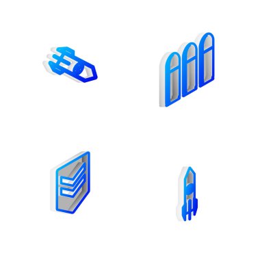 Isometric hattını, Mermiyi, Nükleer roketi, Sembolü ve ikonu ayarla. Vektör.