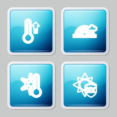 Meteoroloji termometresi, bulutlu gökkuşağı, termometre kar tanesi ve ultraviyole koruma ikonu ayarlayın. Vektör.