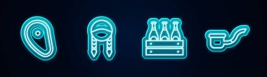 Biftek, Braid, bira şişeleri ve tüttürme piposu. Parlayan neon ikonu. Vektör.