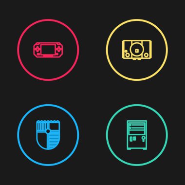 Satır Shield 'ı oyun, bilgisayar, video konsolu ve taşınabilir video simgesi için ayarla. Vektör.