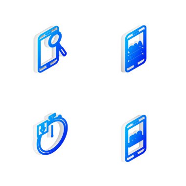 Isometric hattı Mobil Soru ve Ünlem, telefon tanılama, Kronometre ve SSS bilgi simgesini ayarla. Vektör.