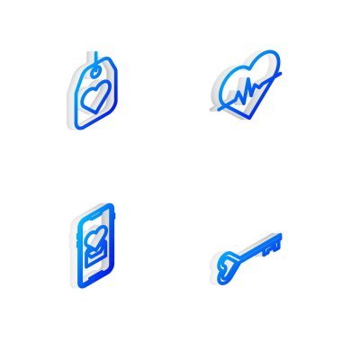 Isometric hattı kalp atış hızı, etiket, kalp ve anahtar formda olan mobil ayarlayın. Vektör.