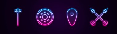 Ortaçağ zincirli topları, yuvarlak ahşap kalkanlar, kalkanlar ve çapraz oklar. Parlayan neon ikonu. Vektör.