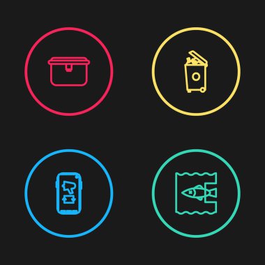 Megafon hattını cep telefonuna ayarla, okyanus plastik kirliliğini, çöp tenekesini ve beslenme kutusu simgesini durdur. Vektör.