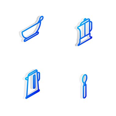 Isometric hattını Fransız presi, havan topu ve tokmak, saplı su ısıtıcısı ve kaşık ikonu ile ayarla. Vektör.