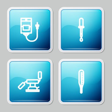 Damar yolu torbasını, Pipette 'i, dişçi koltuğunu ve termometre ikonunu hazırlayın. Vektör.