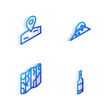 Isometric hattı balıkçı şapkası, konum balıkçılığı, katlanmış harita ve votka ikonu. Vektör