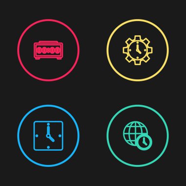 Satır saatini, dünya zamanını, zaman yönetimini ve dijital alarm saat simgesini ayarla. Vektör