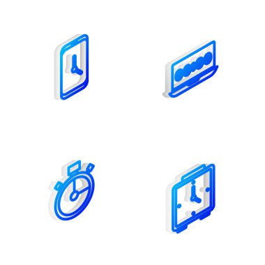 Isometric hattını dizüstü bilgisayara, alarmlı saat uygulamasını mobil, Kronometre ve simgeye ayarla. Vektör