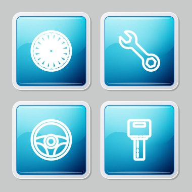 Hat alloy tekerleği, İngiliz anahtarı, uzaktan kumandalı direksiyon ve araba anahtarı. Vektör