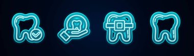 Diş beyazlatma konsepti, diş telli dişler ve... Parlayan neon ikonu. Vektör