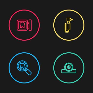 Dişçi araması, Otolaryngological baş yansıtıcı, Diş matkabı ve klinik konum ikonu ayarlayın. Vektör