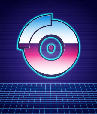 Kaliper ikonlu Retro stil Araba fren diski gelecekten izole edilmiş peyzaj. 80 'lerin moda partisi. Vektör