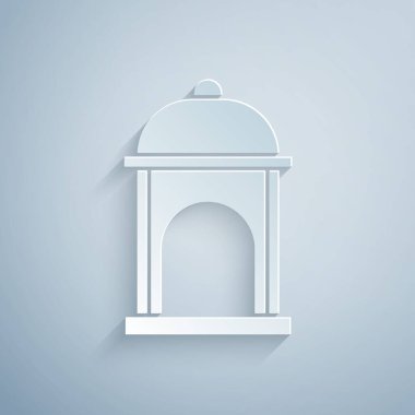 Kağıt kesiği, gri arkaplanda izole edilmiş Müslüman cami simgesi. Kağıt sanatı tarzı. Vektör