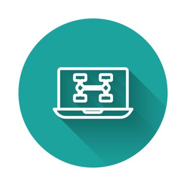 Beyaz çizgi, uzun gölge arkaplanlı araba simgesinin donanım tanılama durumu. Araba servisi ve tamir parçaları. Yeşil daire düğmesi. Vektör