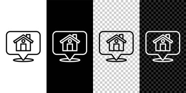 Siyah beyaz, şeffaf arkaplanda izole edilmiş ev simgesi ile çizgi haritası işaretleyicisi ayarla. Ev konumu belirleyici sembol. Vektör