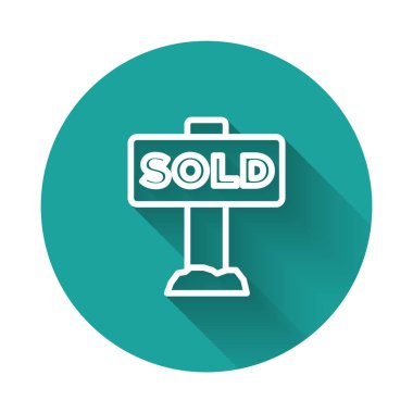 Metin satışı simgesi uzun gölge arkaplan izole edilmiş beyaz çizgi asılı işareti. Çıkartma satıldı. Tabela satıldı. Yeşil daire düğmesi. Vektör