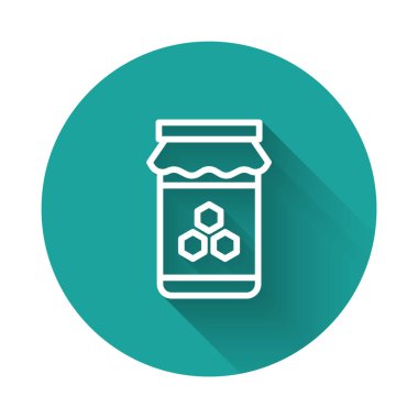 Beyaz çizgi kavanoz bal ikonu uzun gölge arkaplan izole. Yiyecek bankası. Tatlı doğal gıda sembolü. Yeşil daire düğmesi. Vektör