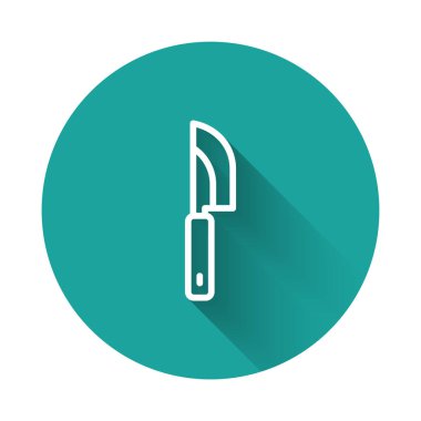 Beyaz çizgi bıçak ikonu uzun gölge arkaplan izole. Çatal bıçak sembolü. Yeşil daire düğmesi. Vektör