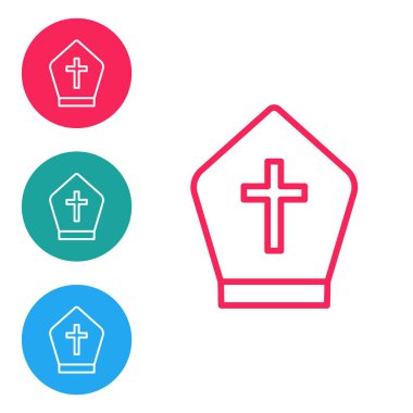 Kırmızı çizgi Papa şapkası simgesi beyaz arkaplanda izole edildi. Hristiyan şapkası işareti. Simgeleri daire düğmelerine ayır. Vektör