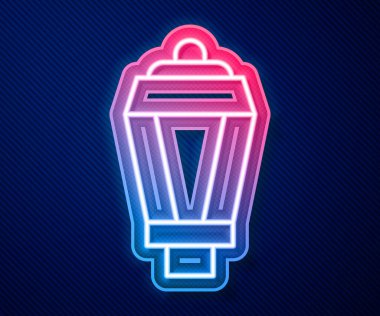 Parlayan neon hattı ışık ikonu mavi arkaplanda izole edildi. Güneş enerjili lamba. Fener. Sokak lambası. Vektör