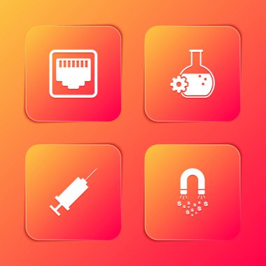 Ağ portu kablo soketini, biyomühendisliği, şırıngayı ve mıknatısı para simgesiyle ayarla. Vektör.