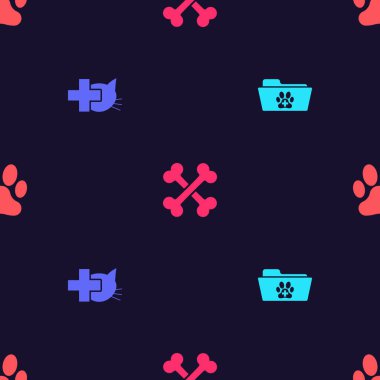 Tıbbi kayıt klasörünü, veteriner kliniğini, çapraz kemikleri ve pençe izini kusursuz desenlere göre ayarla. Vektör.