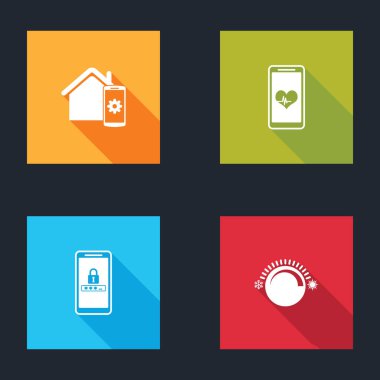 Smart ev uzaktan kumanda sistemi, kalp atış hızı olan mobil, şifre koruması ve termostat simgesini ayarla. Vektör.