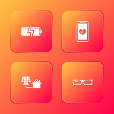 Bataryayı ayarla, kalp atışlı cep telefonu, ev güneş paneli ve akıllı gözlük ikonu. Vektör.