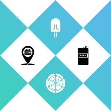 Yeri hamburger, pizza, dondurma ve bira kutusuyla belirleyin. Vektör.