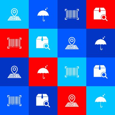 Yer Tutucu 'yu harita, Şemsiye ve yağmur damlaları, Barkod ve Arama paket simgesine ayarla. Vektör.