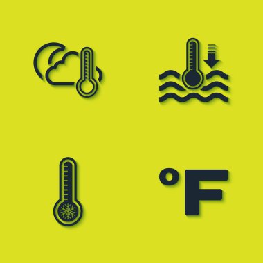 Termometreyi ve bulutu, ayı, Fahrenheit 'ı, Meteoroloji termometresini ve su ikonunu ayarla. Vektör.