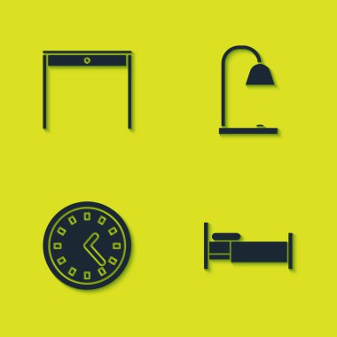 Tahta masa, yatak, saat ve masa lambası ikonu. Vektör.