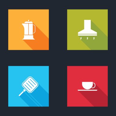 Fransız presi, mutfak vantilatörü, kızartma tavası ve kahve bardağı ikonu. Vektör.