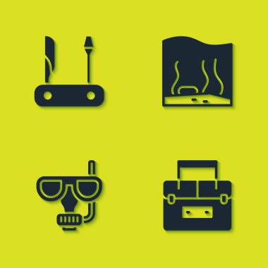 İsviçre çakısı, titrek kutu, dalış maskesi, şnorkel ve akvaryum ikonu. Vektör.