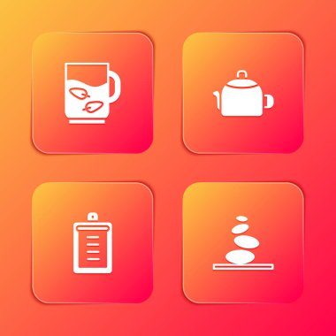 Bir fincan çay ve yaprak, saplı bir çaydanlık, pano kontrol listesi ve sıcak taşlar ikonu. Vektör.