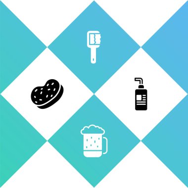 Banyo süngeri, tahta bira kupası, sauna fırçası ve krem ya da losyon kozmetik tüp ikonu. Vektör