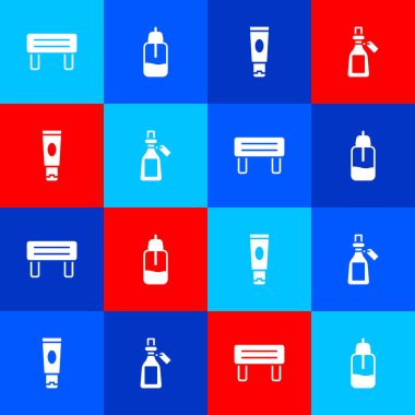 Sauna tezgahını, temel yağ şişesini, kremi ya da losyon kozmetik tüpünü ve ikonu hazırlayın. Vektör