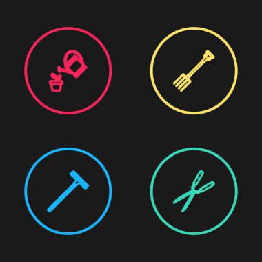 Çizgi, bahçe tırmığı, el yapımı makas, dirgen ve su kutusu ikonu. Vektör.