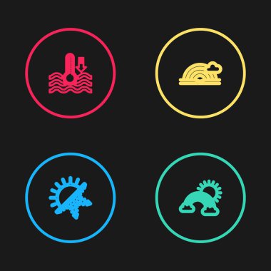 Güneş ve kar taneleri, bulutlu gökkuşağı güneş ve su termometresi ikonu. Vektör.