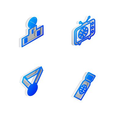 Televizyonda Isometric line basketbol maçı, spor şampiyonu podyumu, madalya ve maç bileti ikonu. Vektör.