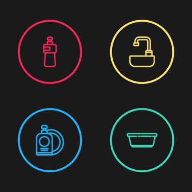 Bulaşık deterjanı şişesi ve tabağı, plastik leğeni, musluk ve ikonu olan lavaboyu ayarla. Vektör.