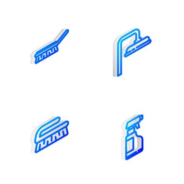 Duş başlığını, temizlik için fırçayı ve deterjan ikonuyla sprey şişesini ayarla. Vektör.