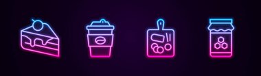 Sıra halinde pasta, paket kahve fincanı, kesme tahtası ve kavanoz balı. Parlayan neon ikonu. Vektör