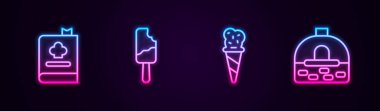 Yemek kitabı, dondurma, waffle külahı ve Brick sobası. Parlayan neon ikonu. Vektör