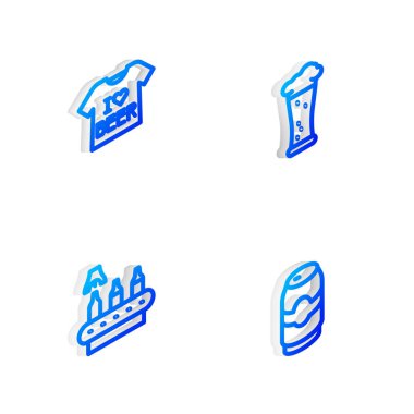 Isometric line Glass of beer, Beer tişörtü, konveyör bandı ve konserve ikonu ayarla. Vektör