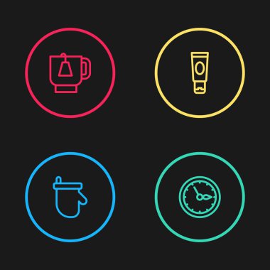 Sauna eldivenleri, saat, krema ya da losyon kozmetik tüpü ve çay poşeti ikonlu bir fincan çay. Vektör