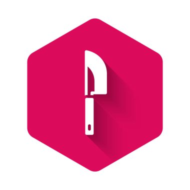 Beyaz Bıçak simgesi uzun gölge arkaplanı ile izole edildi. Çatal bıçak sembolü. Pembe altıgen düğmesi. Vektör