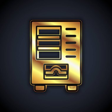 Yiyecek ve içecek otomatiğinin altın otomatı siyah arka planda izole edilmiş ikon satıyor. Vektör